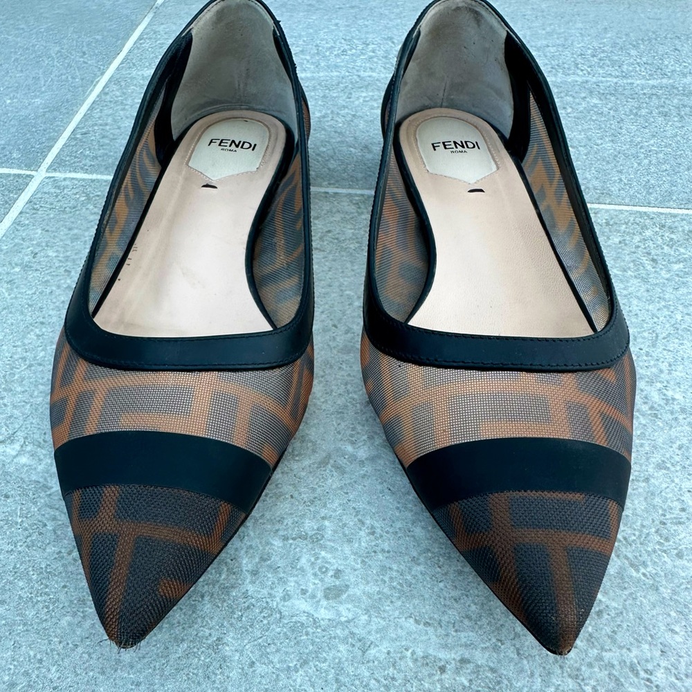 Fendi Black leather and brown FF mesh ballet flats
